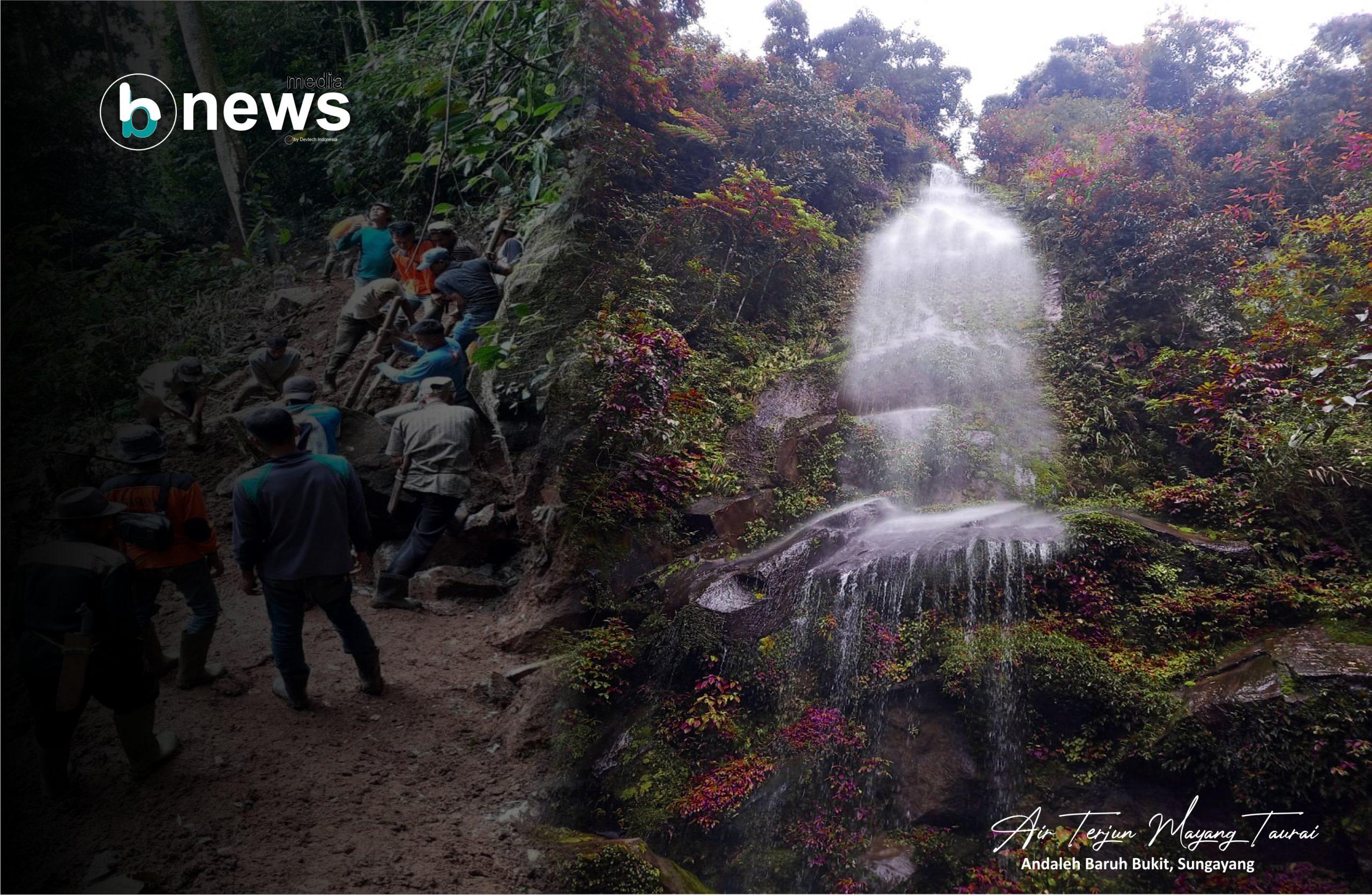 Image: Air Terjun Mayang Taurai serta Masyarakat melaksanakan Goro bersama | Grafis bnewsmedia.id