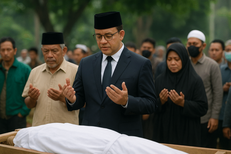 Suasana haru saat Anies Baswedan hadir dan memimpin doa dalam prosesi pemakaman Affan, pengemudi ojek online.