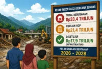 Ilustrasi rehab-rekon pascabencana Sumatera Barat senilai Rp17,9 triliun yang direncanakan berlangsung bertahap hingga 2028. Di tengah proses pemulihan, ancaman banjir dan kerusakan infrastruktur masih menjadi perhatian warga.