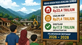 Ilustrasi rehab-rekon pascabencana Sumatera Barat senilai Rp17,9 triliun yang direncanakan berlangsung bertahap hingga 2028. Di tengah proses pemulihan, ancaman banjir dan kerusakan infrastruktur masih menjadi perhatian warga.