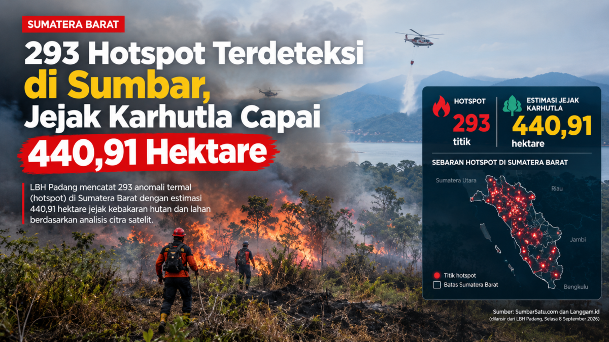 Ilustrasi kebakaran hutan dan lahan (karhutla) di Sumatera Barat. LBH Padang mencatat 293 anomali termal atau hotspot dengan estimasi jejak kebakaran mencapai 440,91 hektare berdasarkan analisis citra satelit.